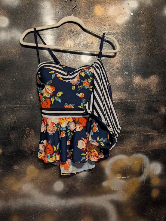 Tops - Floral Navy Peplum Tankini Top with Stripe Accent